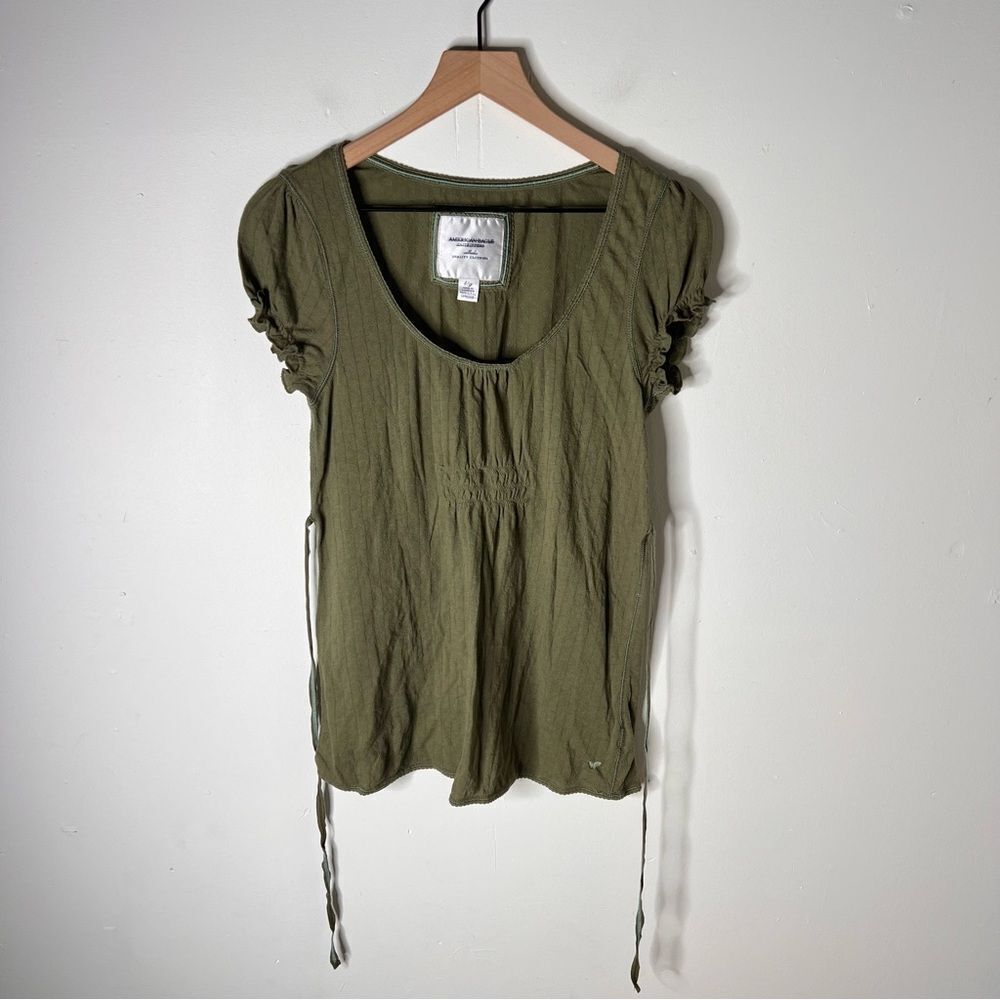 Y2K American Eagle Babydoll Top Sage Green Short Sleeve size Large Vintage
